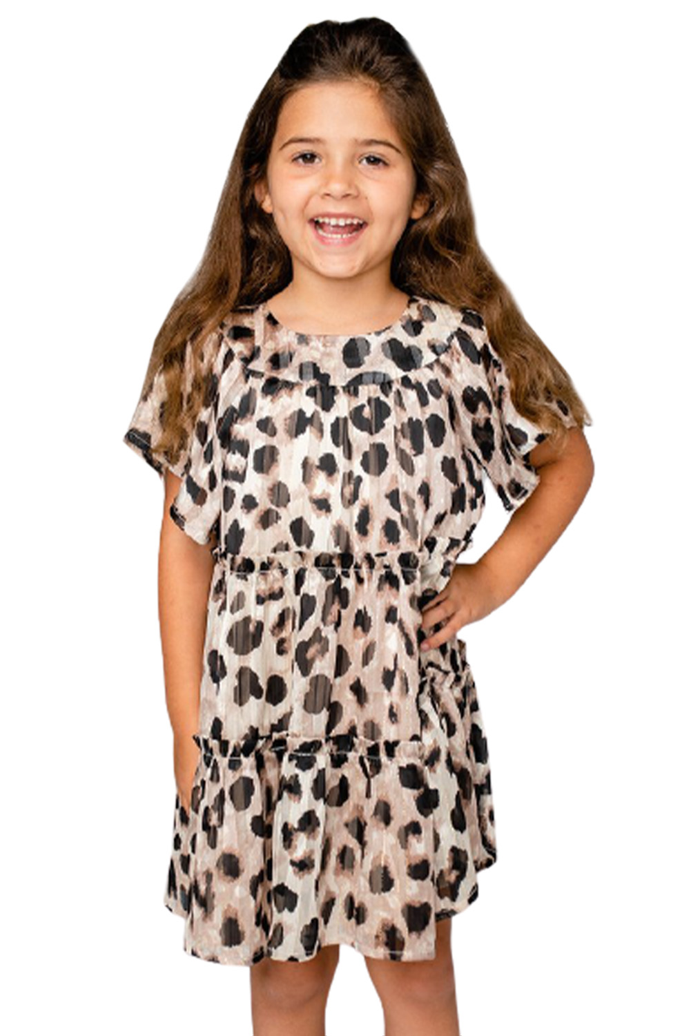 Girls Flutter Sleeves Leopard Print Midi Dress