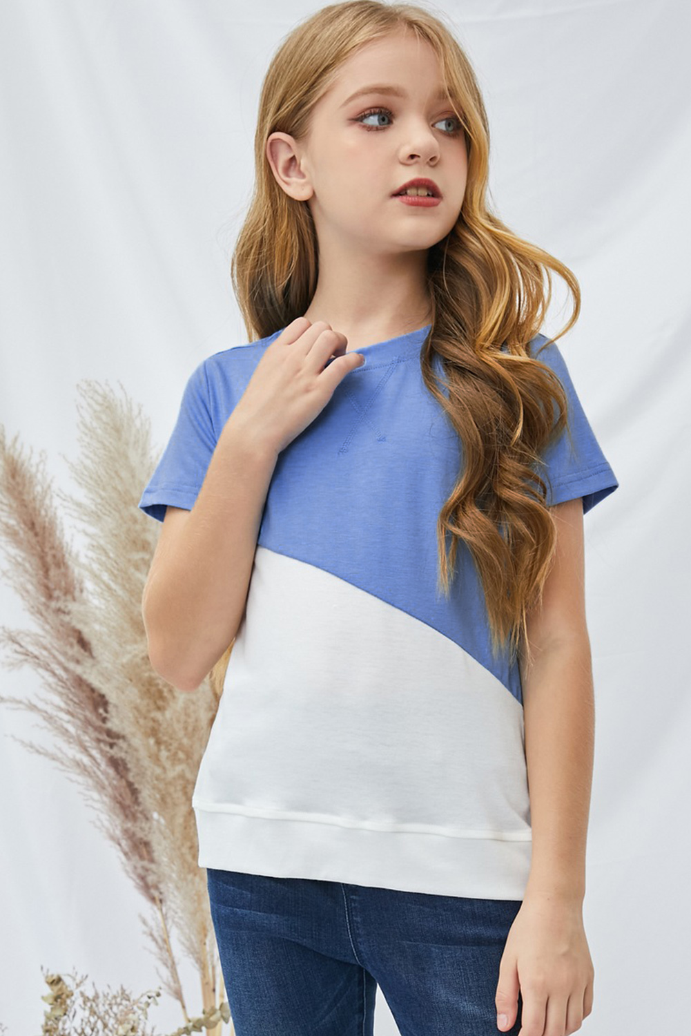 Sky Blue Colorblock Splicing Little Girl Tee