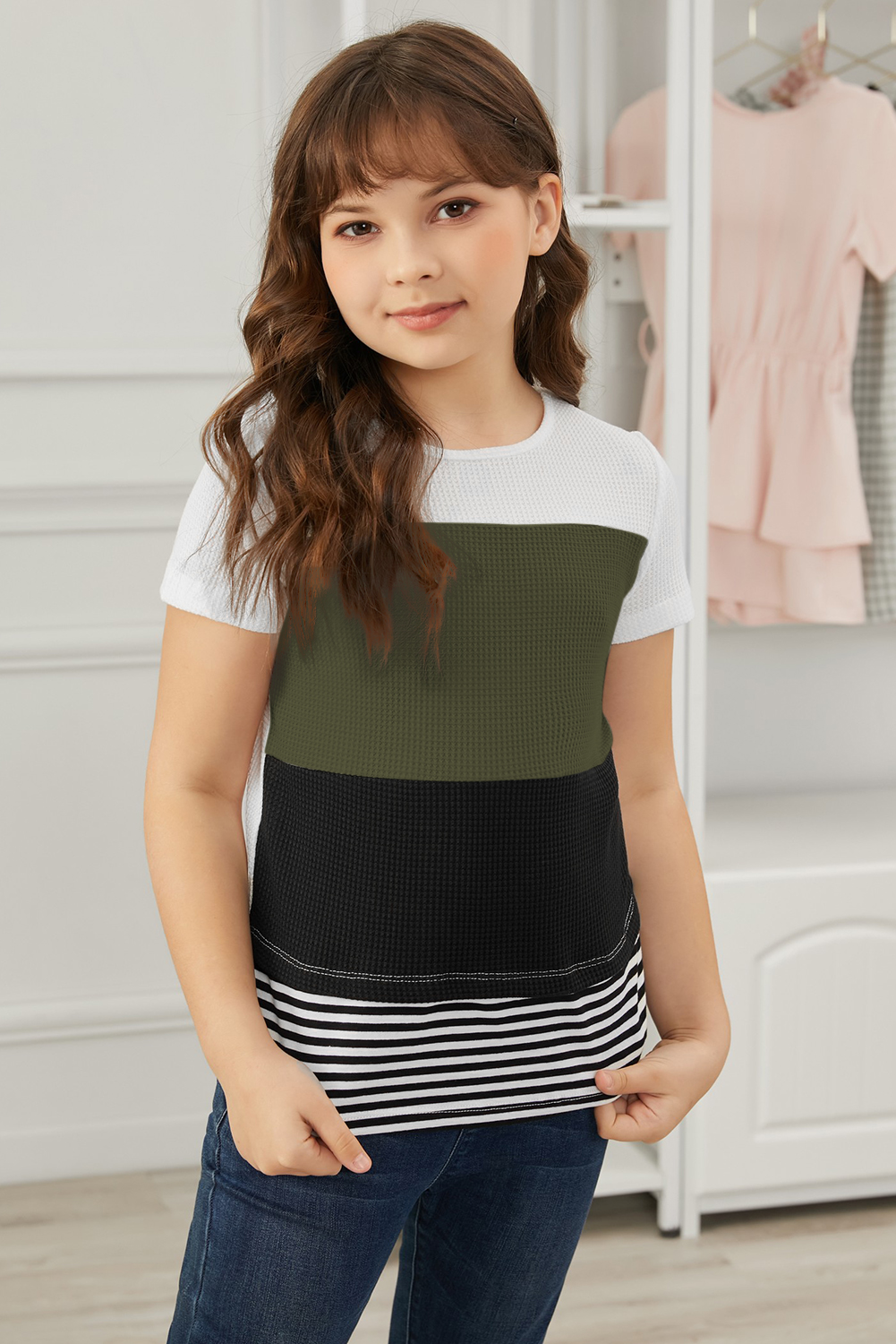 Green Parent-Child Colorblock Striped Girls' T-Shirt