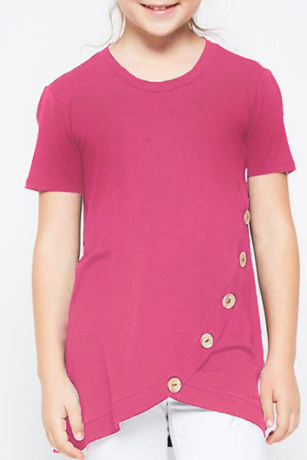 Rosy Buttoned Arched Hem Girls T-Shirt