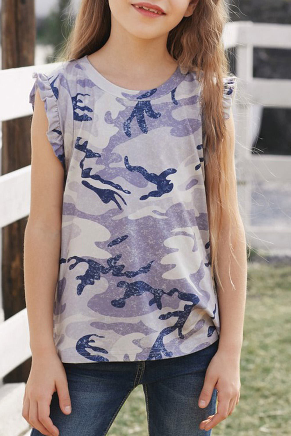 Gray Camo Print Flounced Armholes Little Girls' Tank