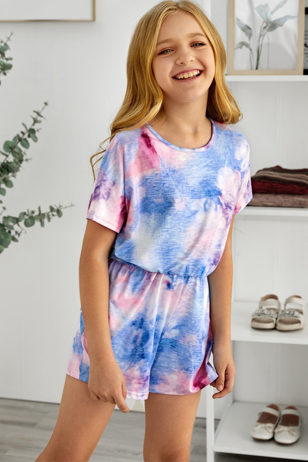 Sky Blue Tie-Dye Short Sleeve Little Girl Romper