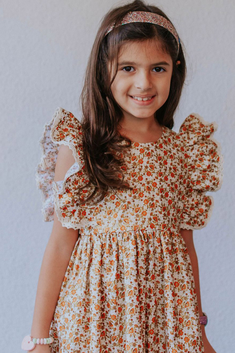 Orange Little Girls Floral Print Ruffled Sleeve Dress