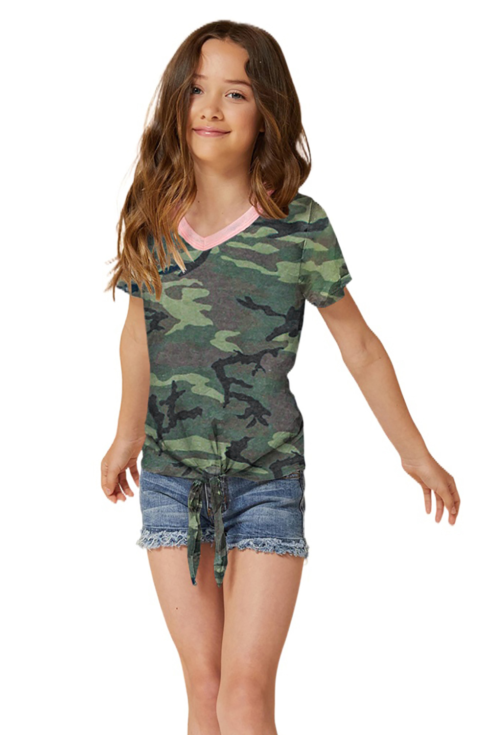 Little Girl Contrast Trim Green Camo Print T-Shirt With Knot