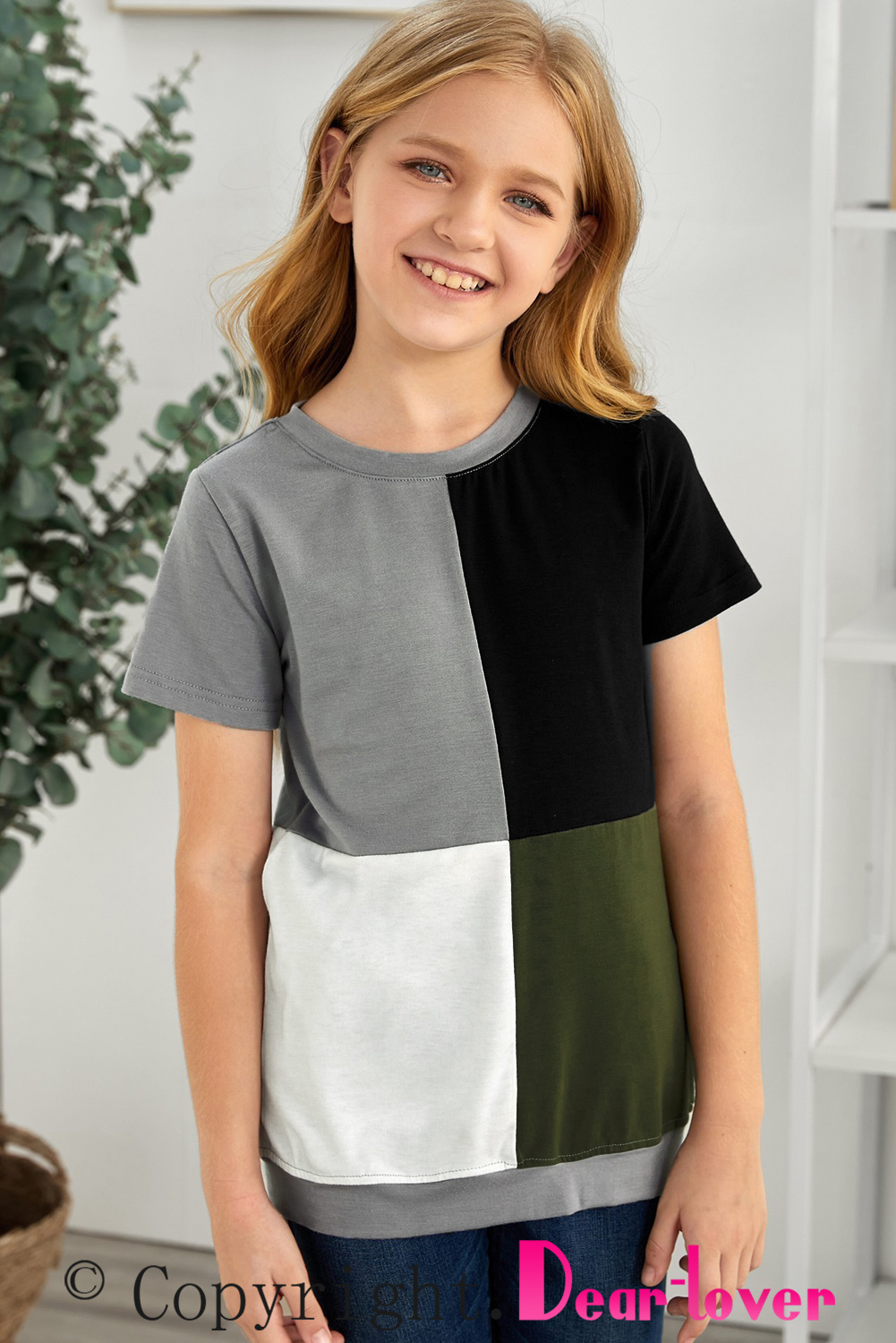 Green Round Neck Color Block Little Girl T-Shirt