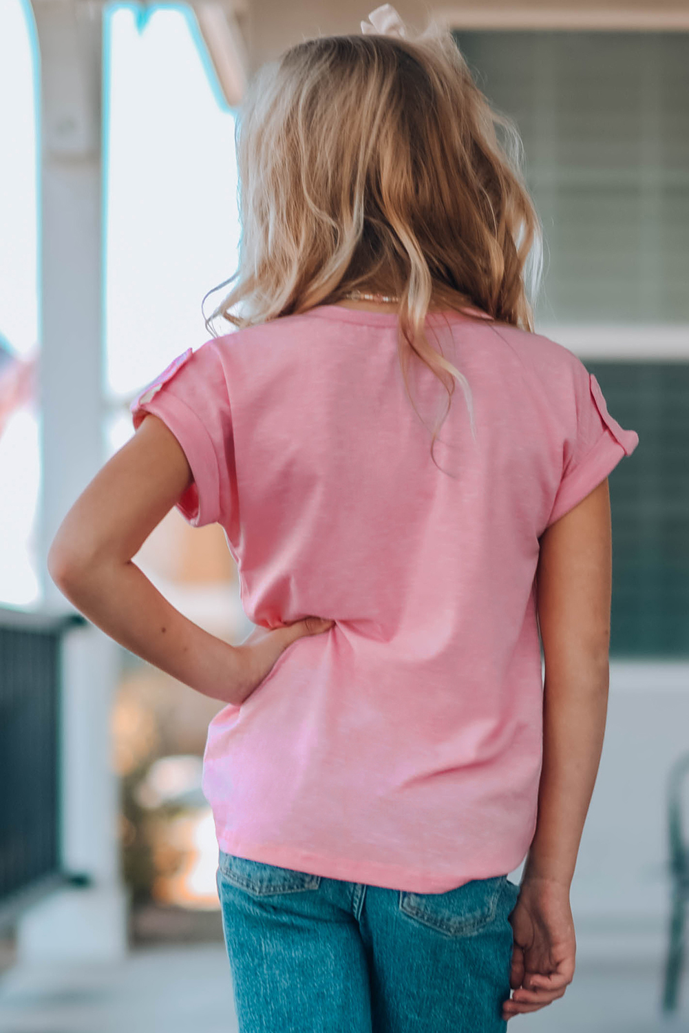 Pink Roll Up Short Sleeve Girls' Top With Buttons