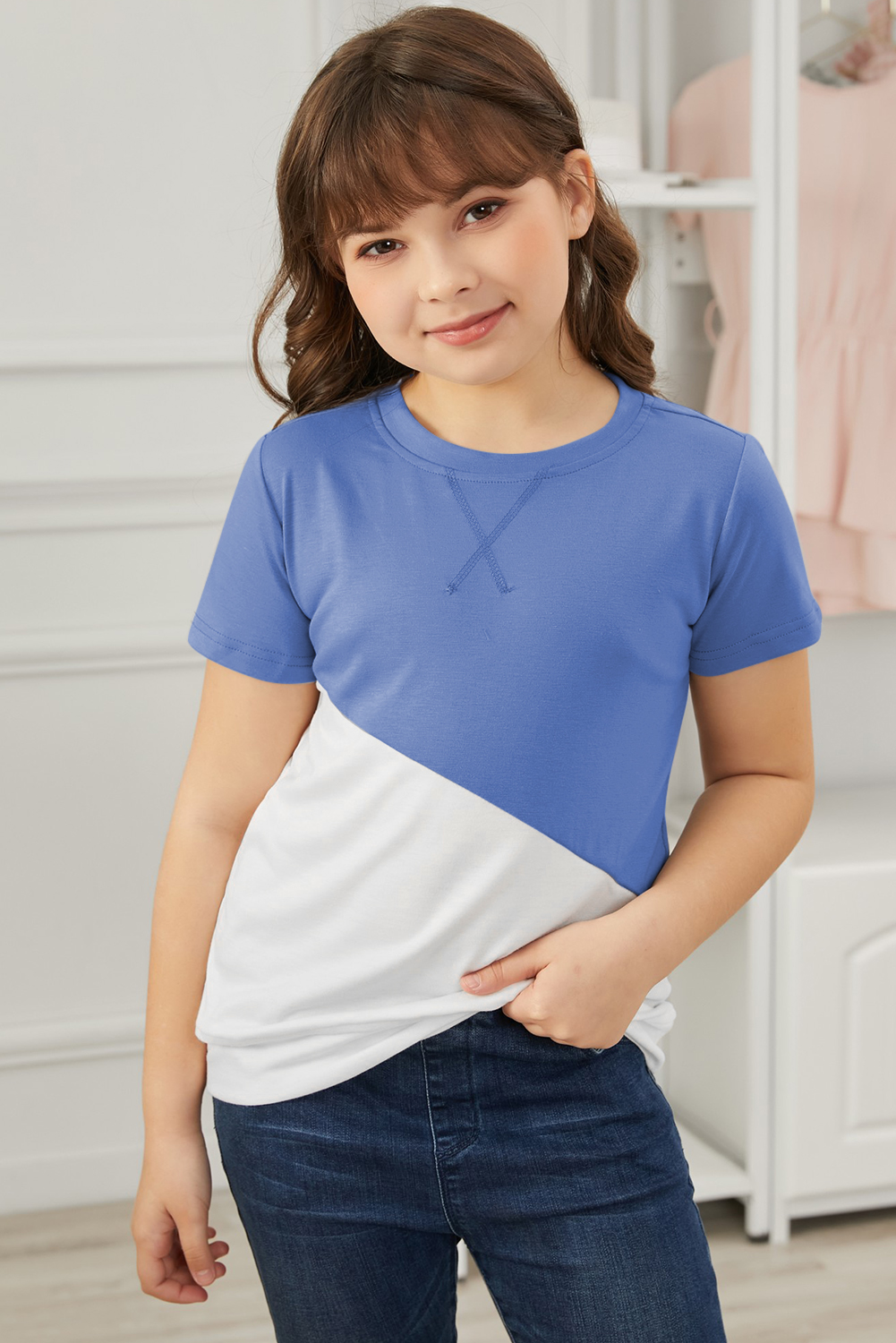 Sky Blue Colorblock Splicing Little Girl Tee