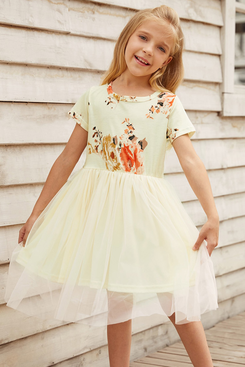 Short Sleeves Floral Bodice Empire Waist Kids Tulle Dress