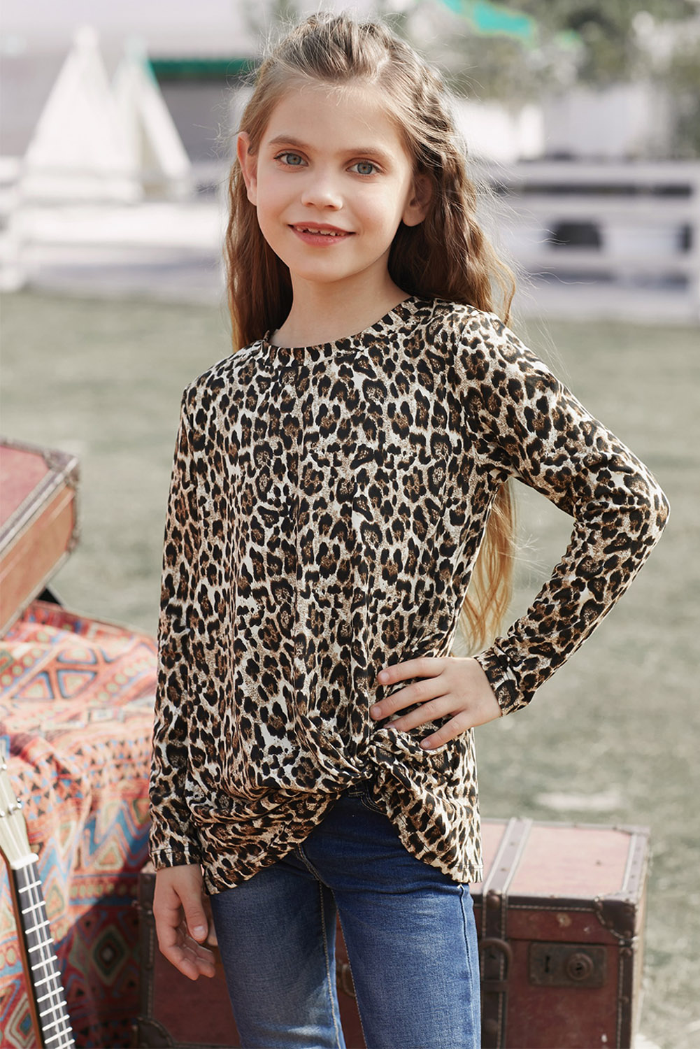 Leopard Print Side Knot Girls' Long Sleeve Top