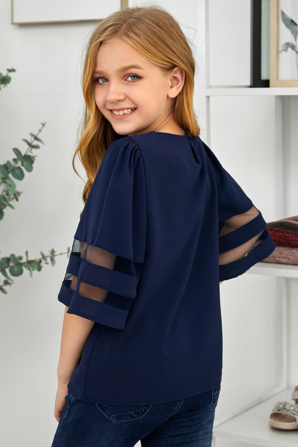 Dark Blue Girl's 3/4 Bell Sleeve Mesh Panel Blouse