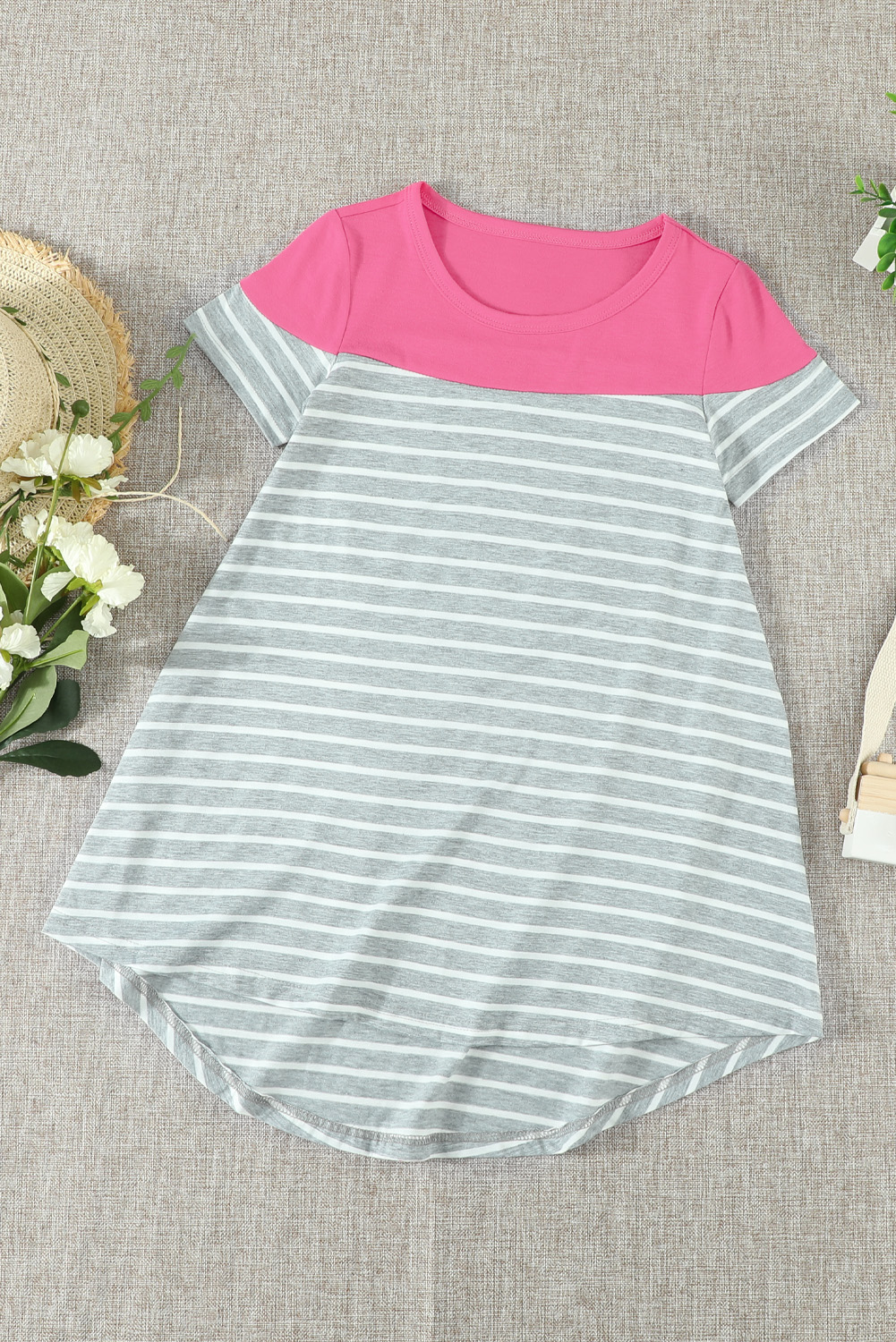 Rose Colorblock Patchwork Striped Girls' Dress