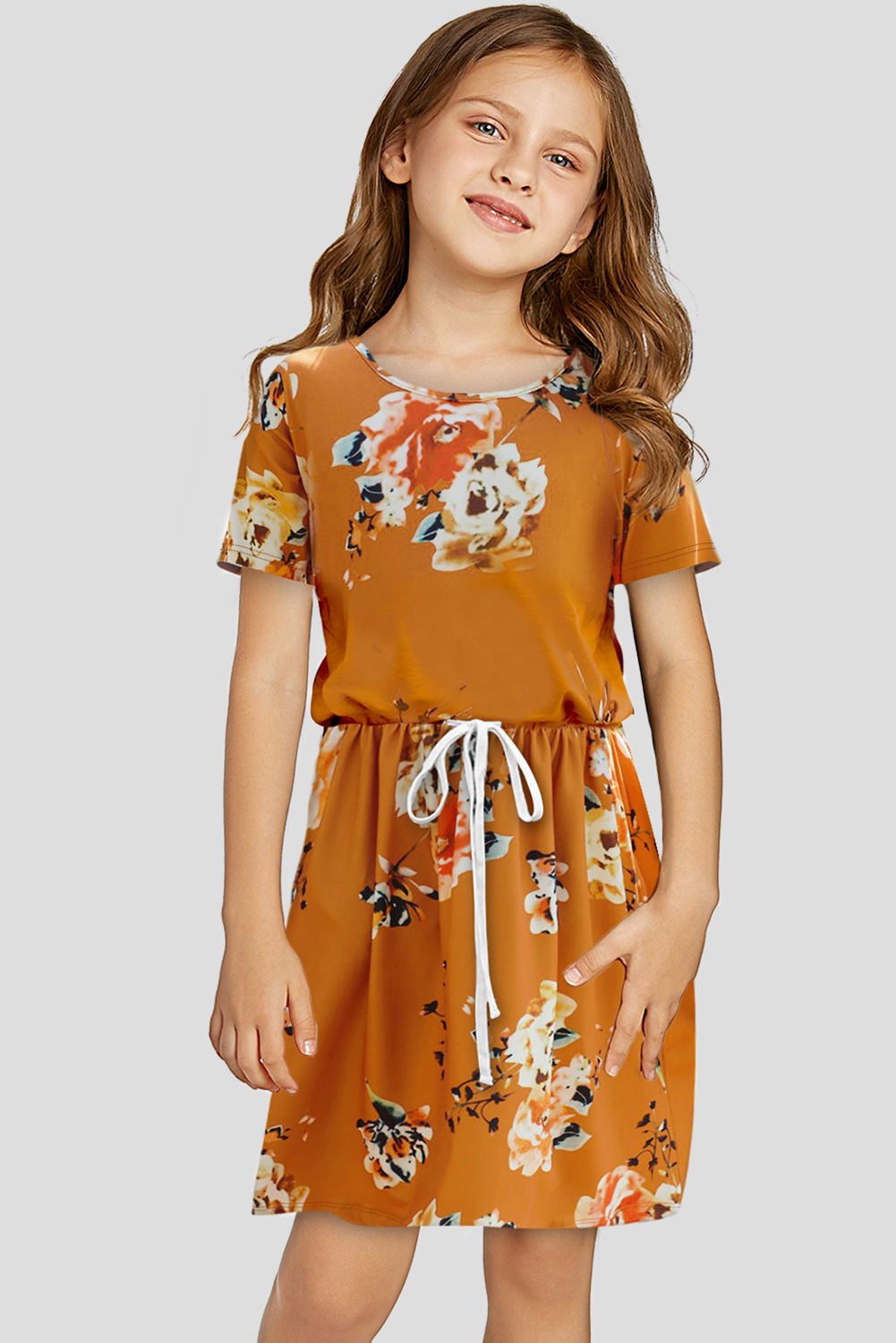 Orange Floral Print Drawstring Short Sleeve Girl's Mini Dress