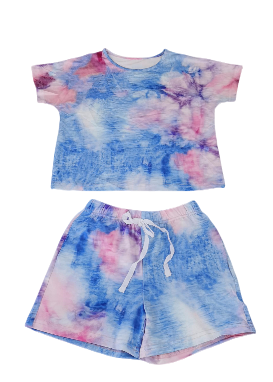 Sky Blue Girl's Tie Dye T Shirt And Drawstring Shorts Set