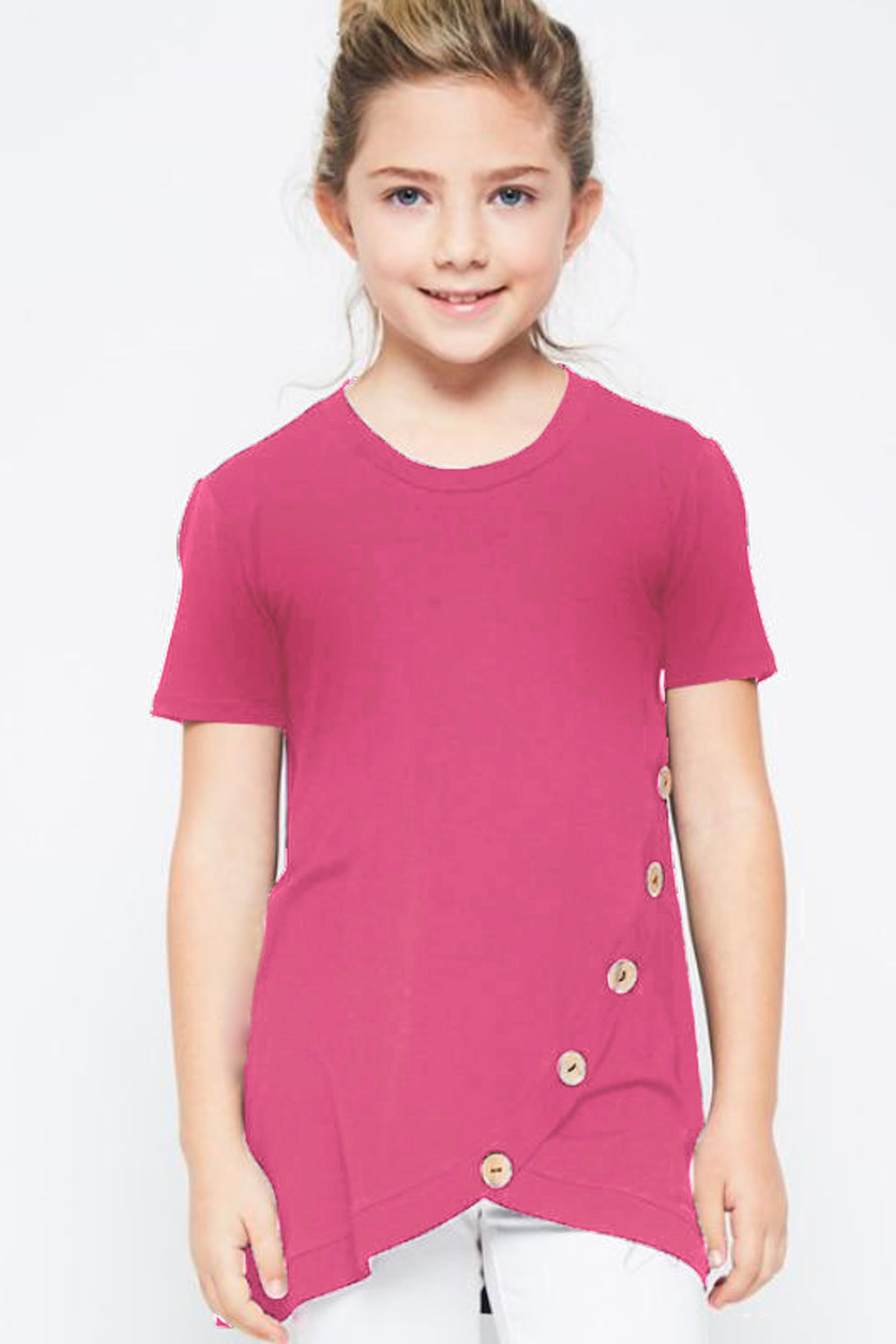 Rosy Buttoned Arched Hem Girls T-Shirt