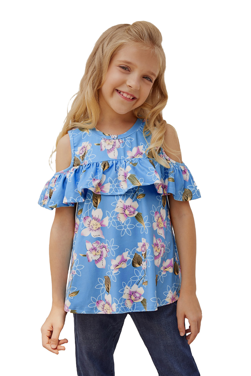 Sky Blue Ruffled Cold Shoulder Floral Girls' Top