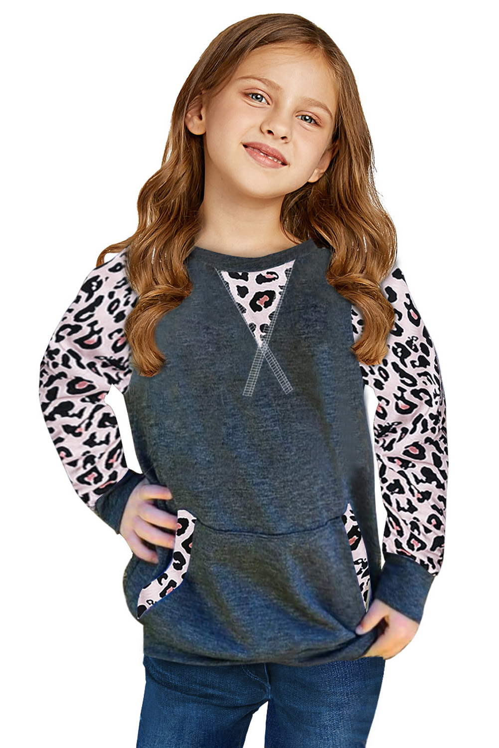 Leopard Raglan Sleeve Patchwork Little Girl Sweatshirt