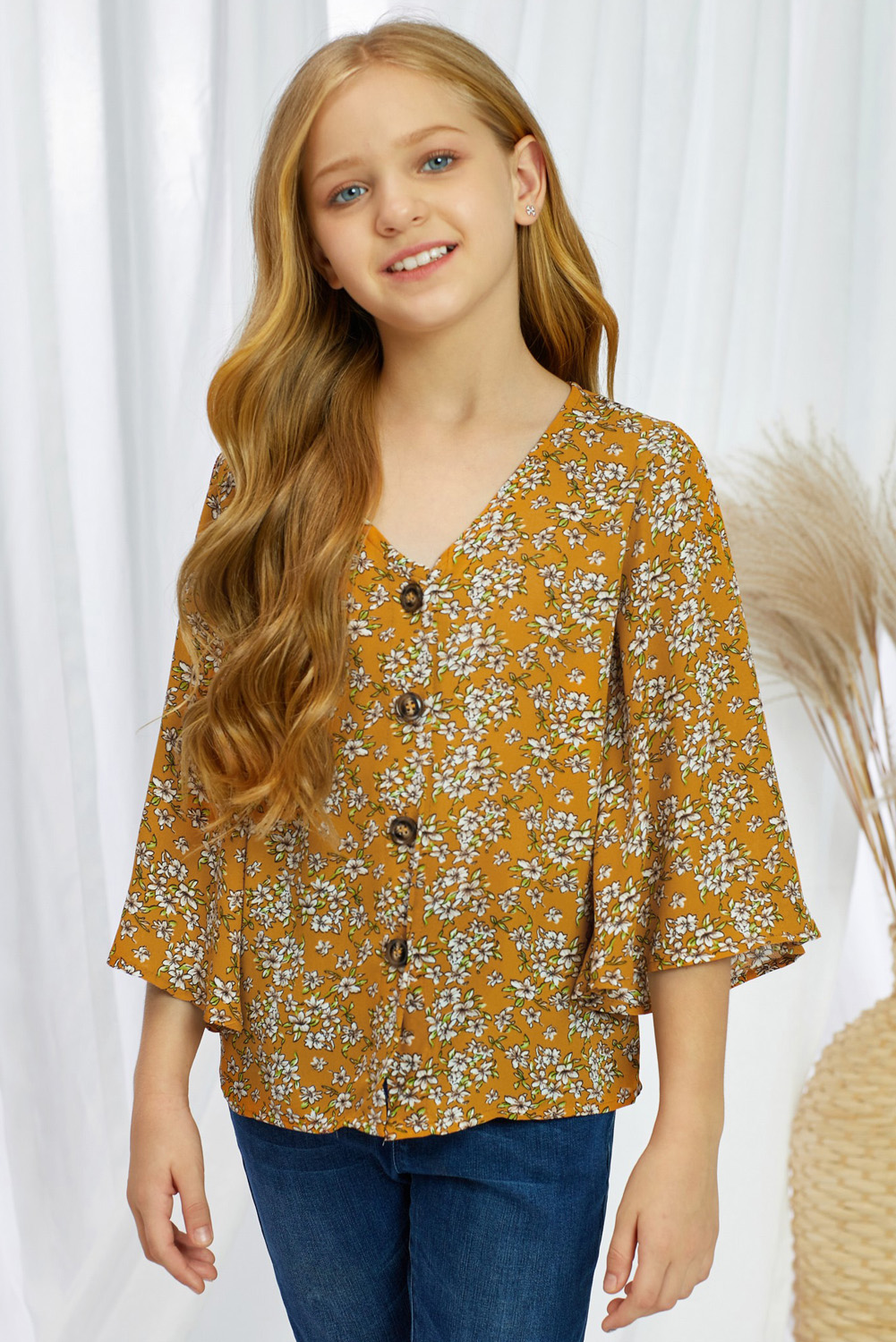 Yellow Floral V Neck Ruffled Sleeve Buttons Girl's Blouse