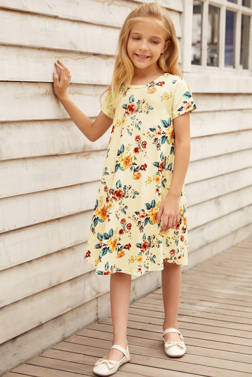 Yellow Floral Girls T-Shirt Midi Dress