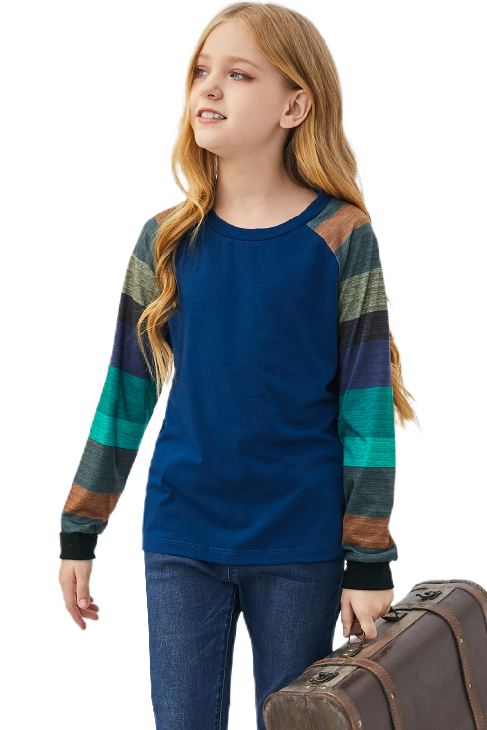 Blue Striped Color Block Girl's Long Sleeve Top