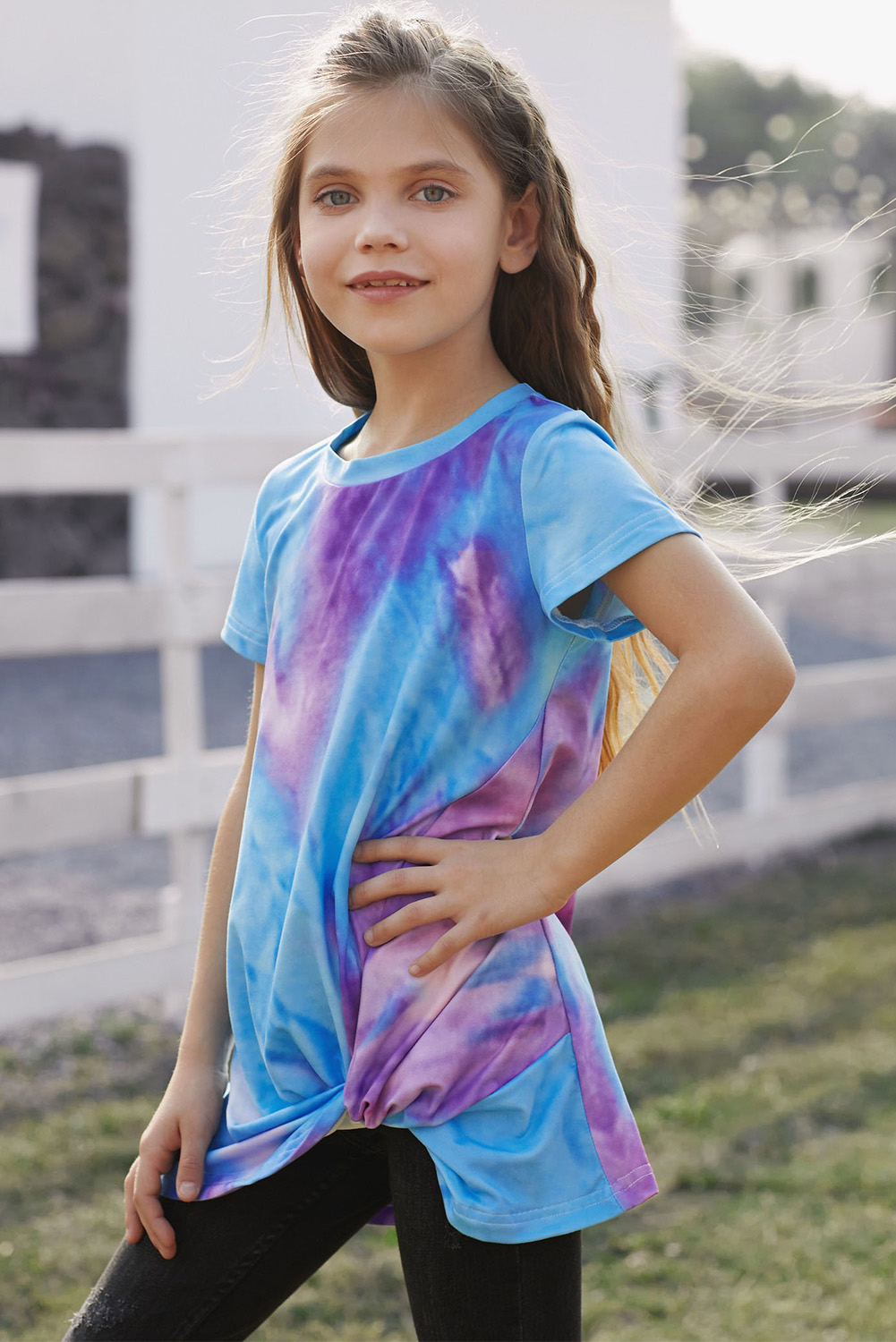 Sky Blue Twisted Tie-Dye Little Girls T-Shirt