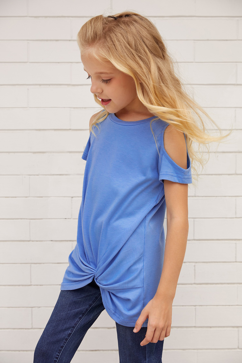 Sky Blue Cold Shoulder Twist Girls Short Sleeves Top