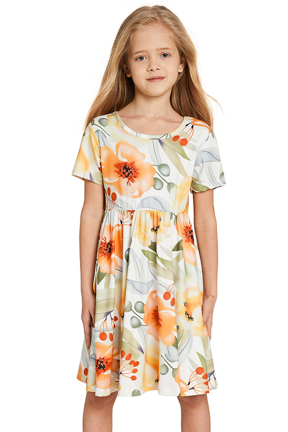 Yellow Crewneck Short Sleeve Floral Girl's Midi Dress