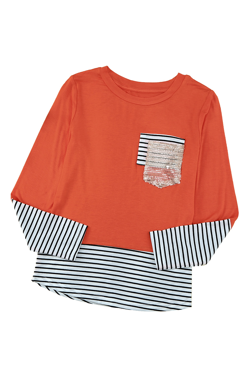 Stripe Patchwork Sequin Pocket Long Sleeve Girl's Top