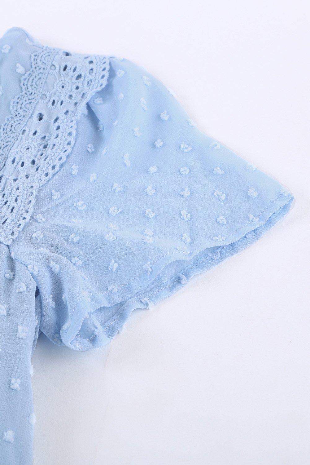 Sky Blue Swiss Dot Print Hollow Out Girl's Blouse