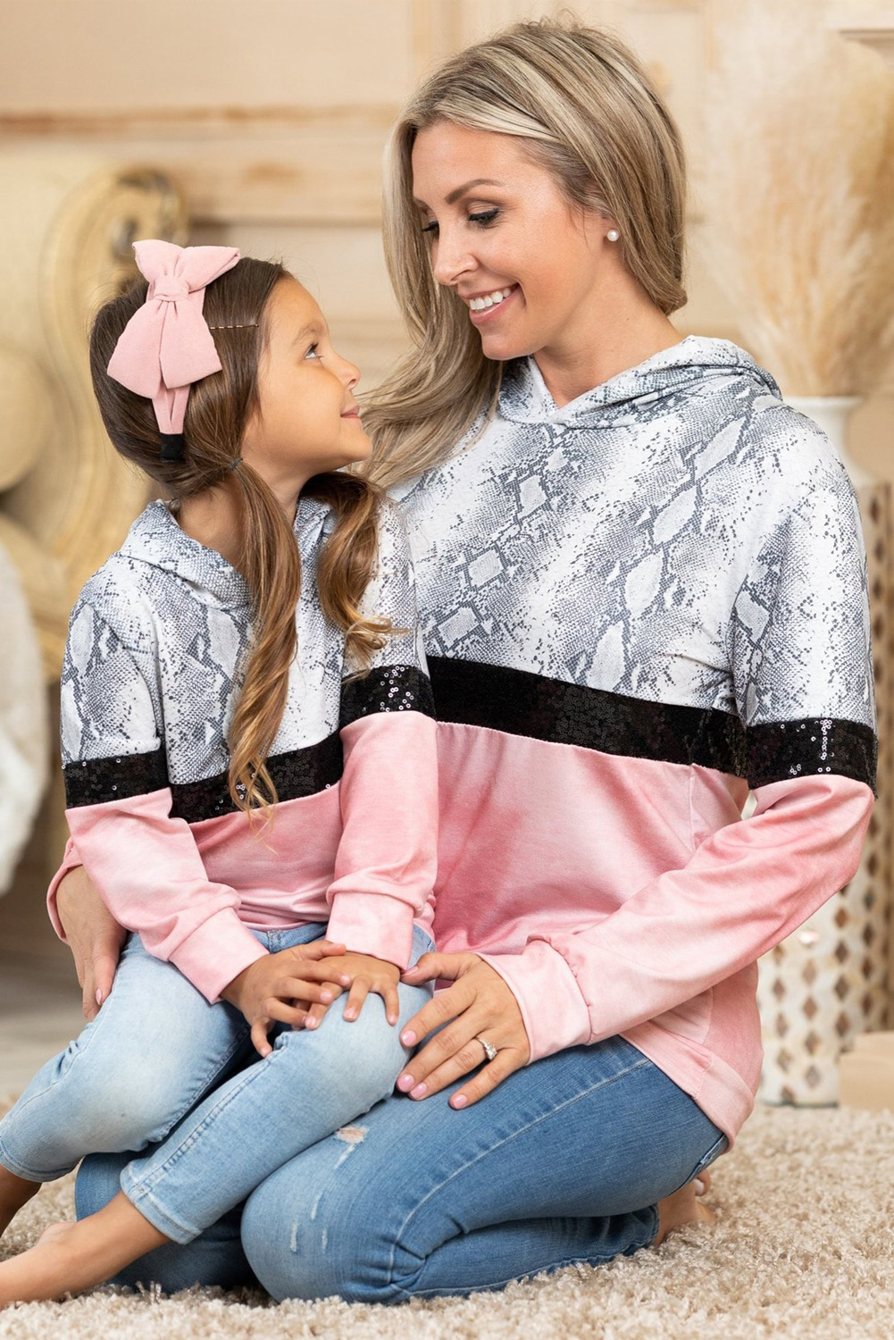 Mommy & Me Snakeskin Sequin Splicing Girl's Hoodie