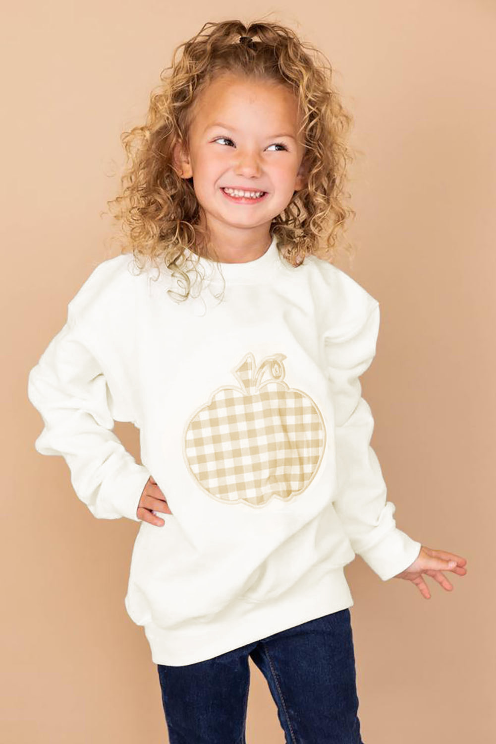 White Plaid Pumpkin Print Girls Pullover Sweatshirt