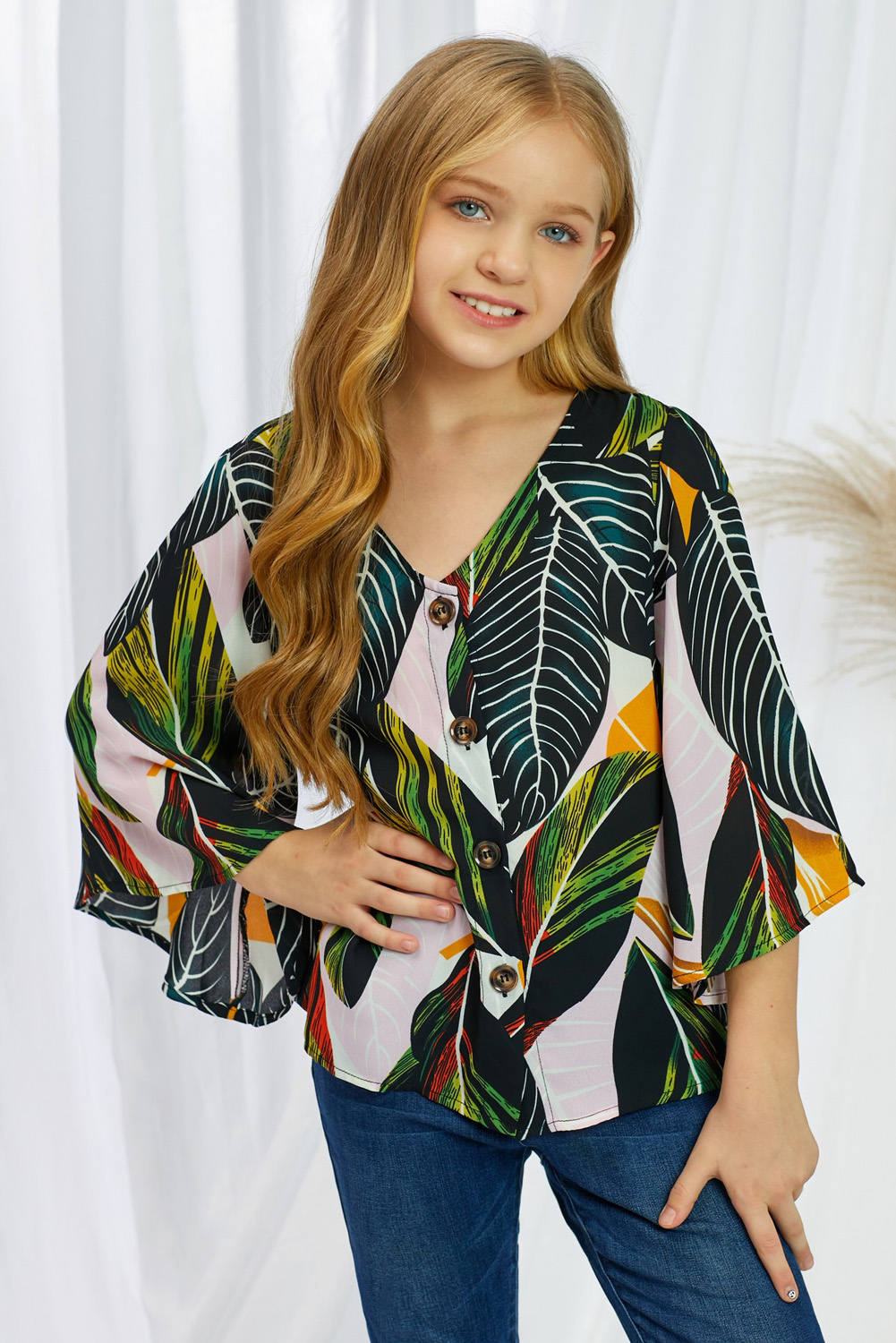 Tropical Leaf V Neck Ruffled Sleeve Buttons Girl's Blouse