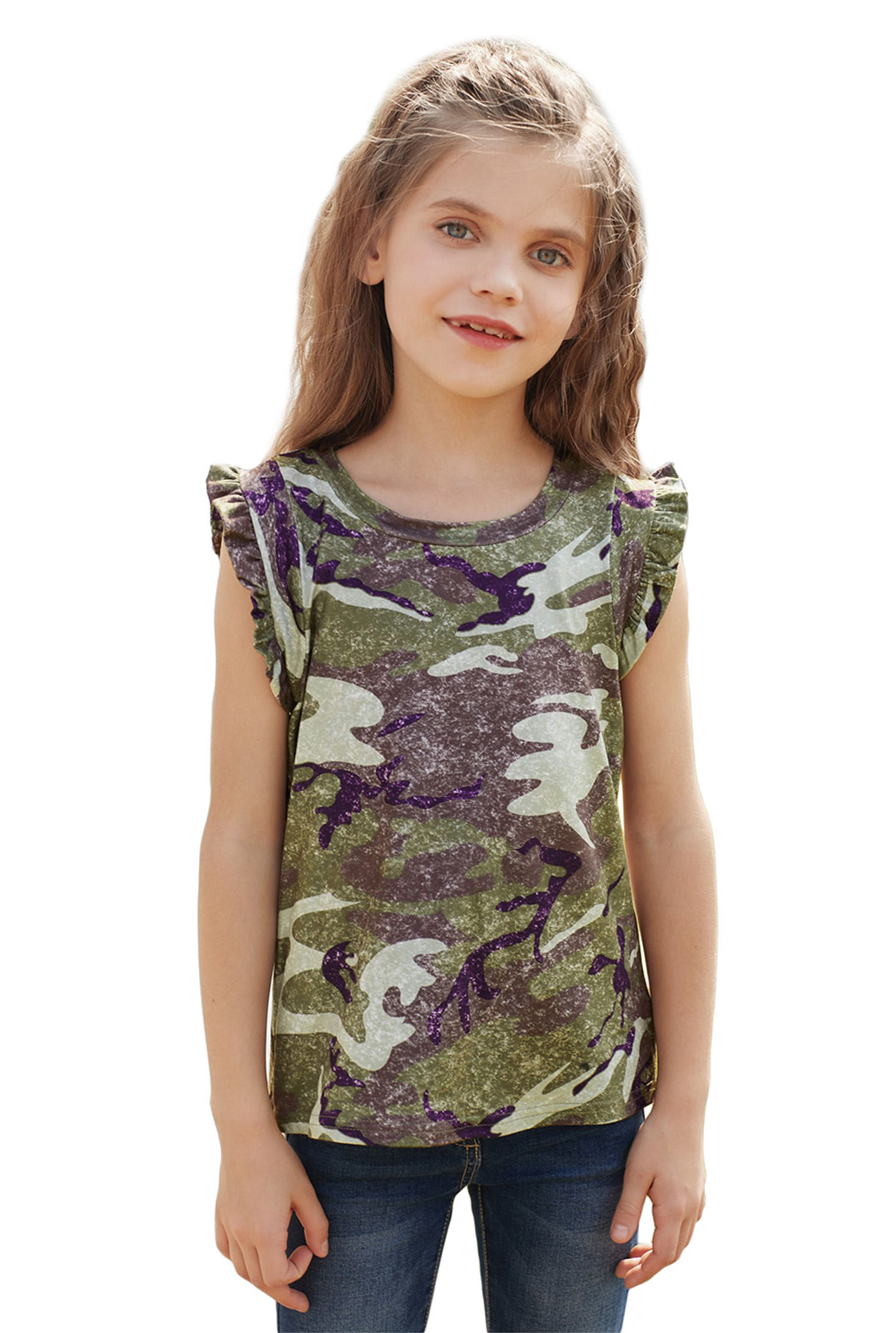 Green Camo Print Flounced Armholes Little Girls’ Tank