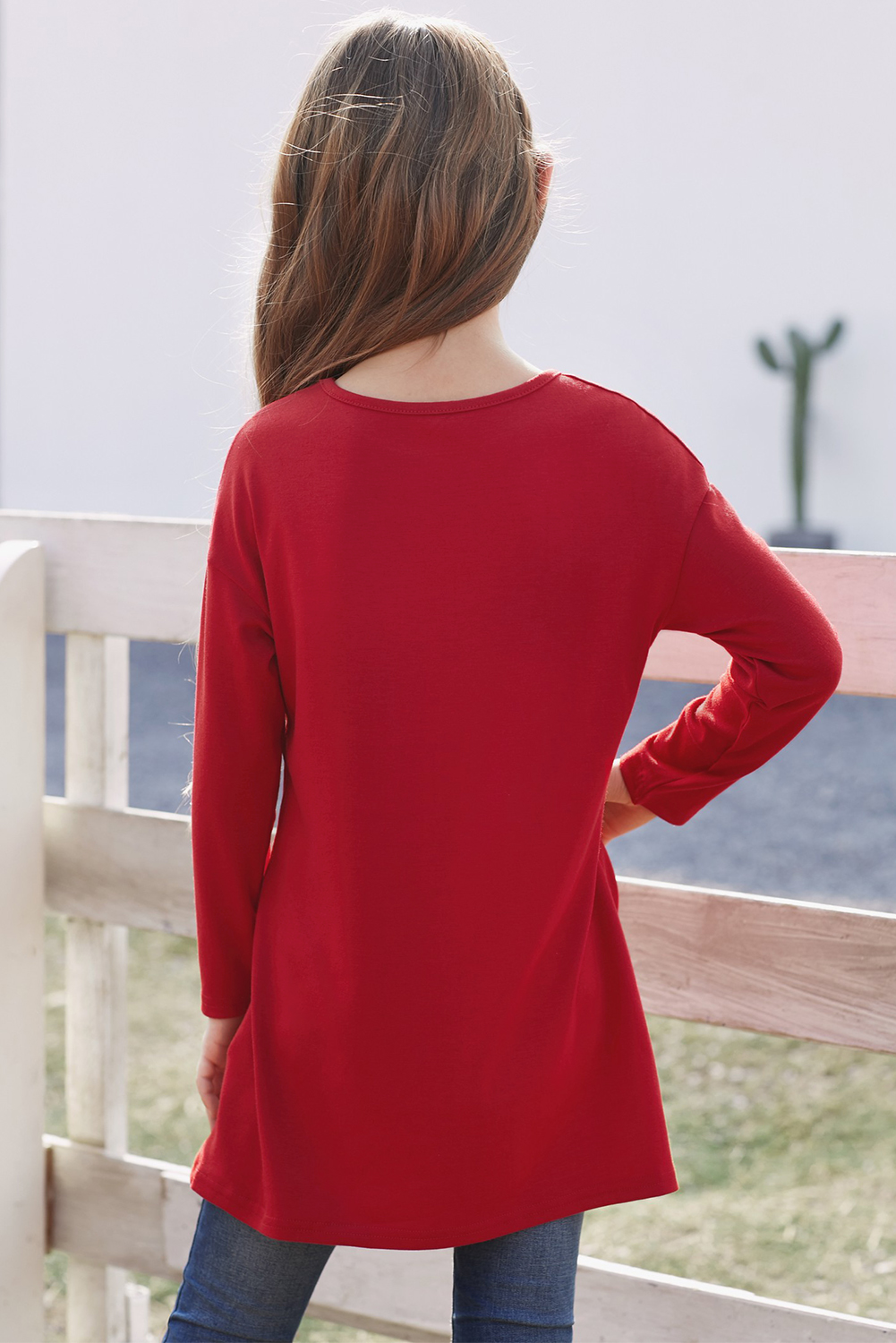 Red Twist Knot Detail Long Sleeve Girl’s Top