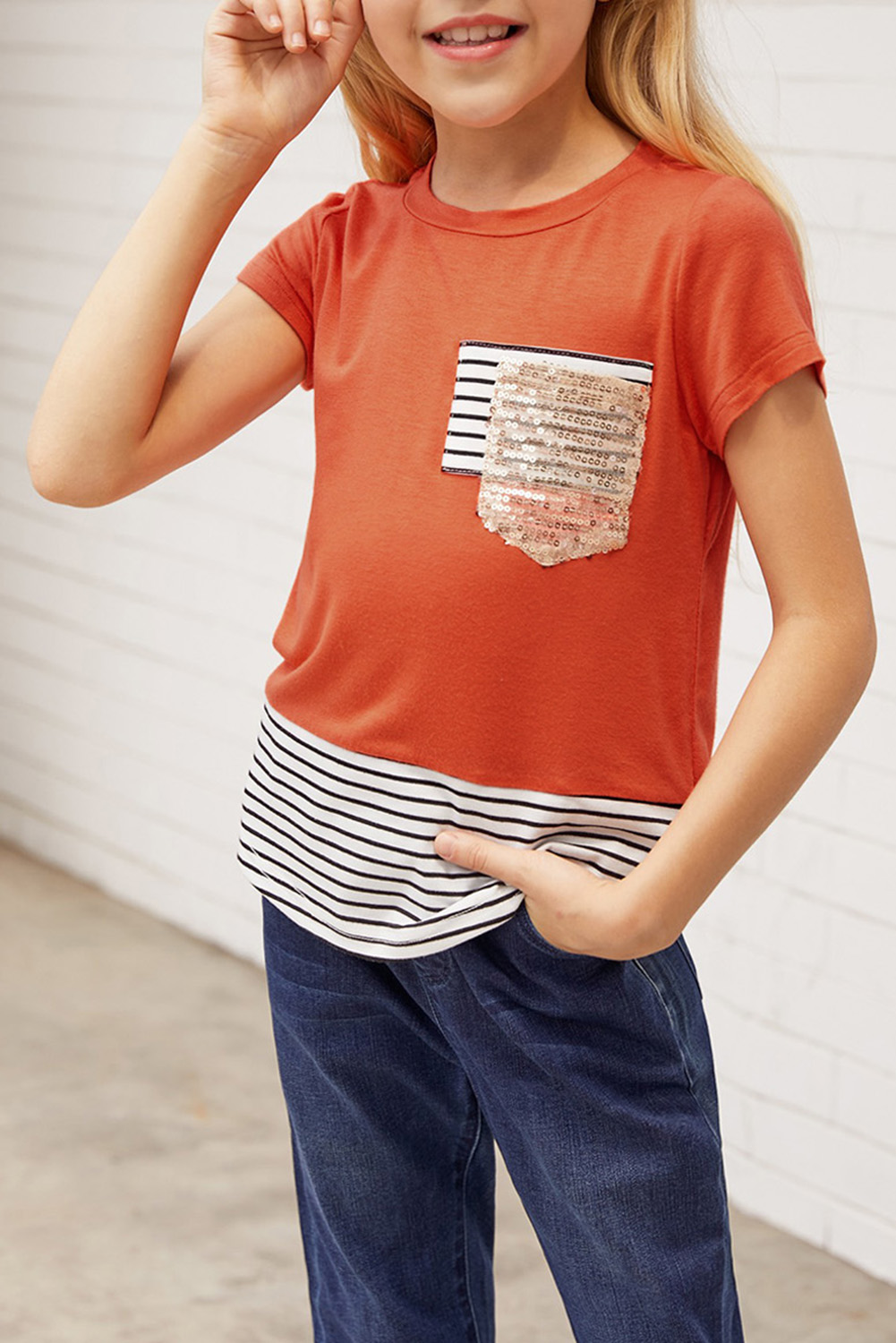 Sequins Pocket Splicing Stripes Girls' T-Shirt