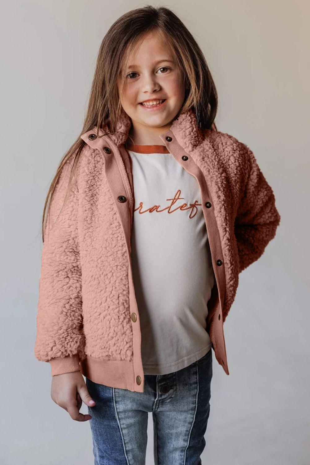 Pink Buttoned Solid Fleece Girl's Coat