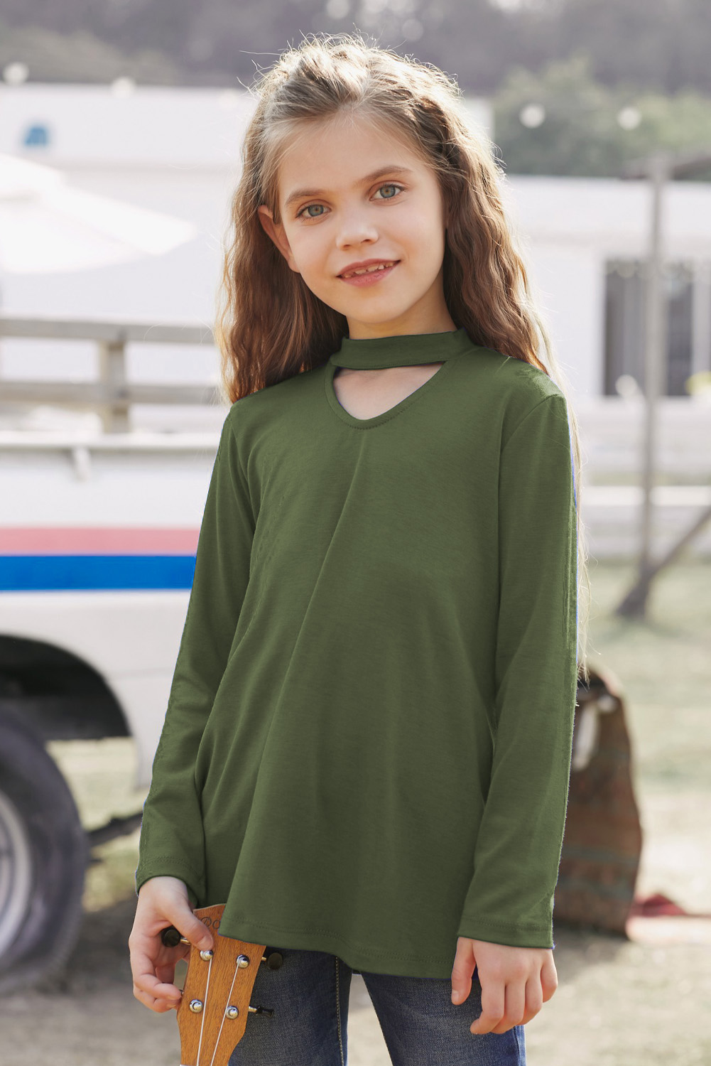 Green Choker Hollow-Out Front Little Girl Kids' Long Sleeves Top