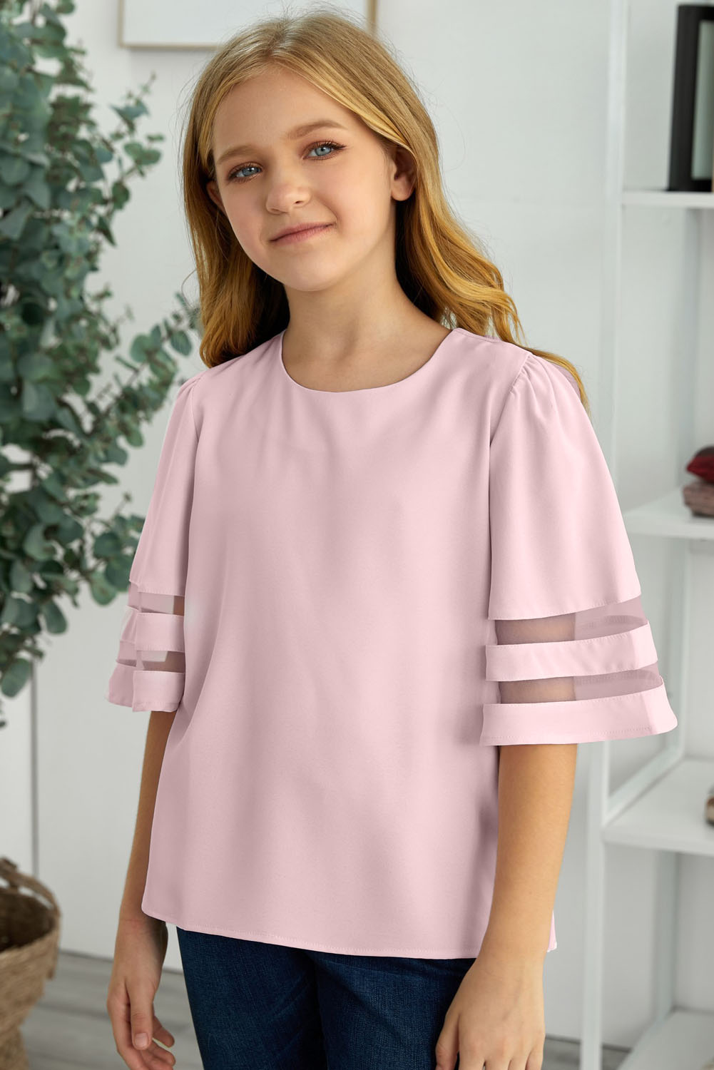 Pink Girl's 3/4 Bell Sleeve Mesh Panel Blouse