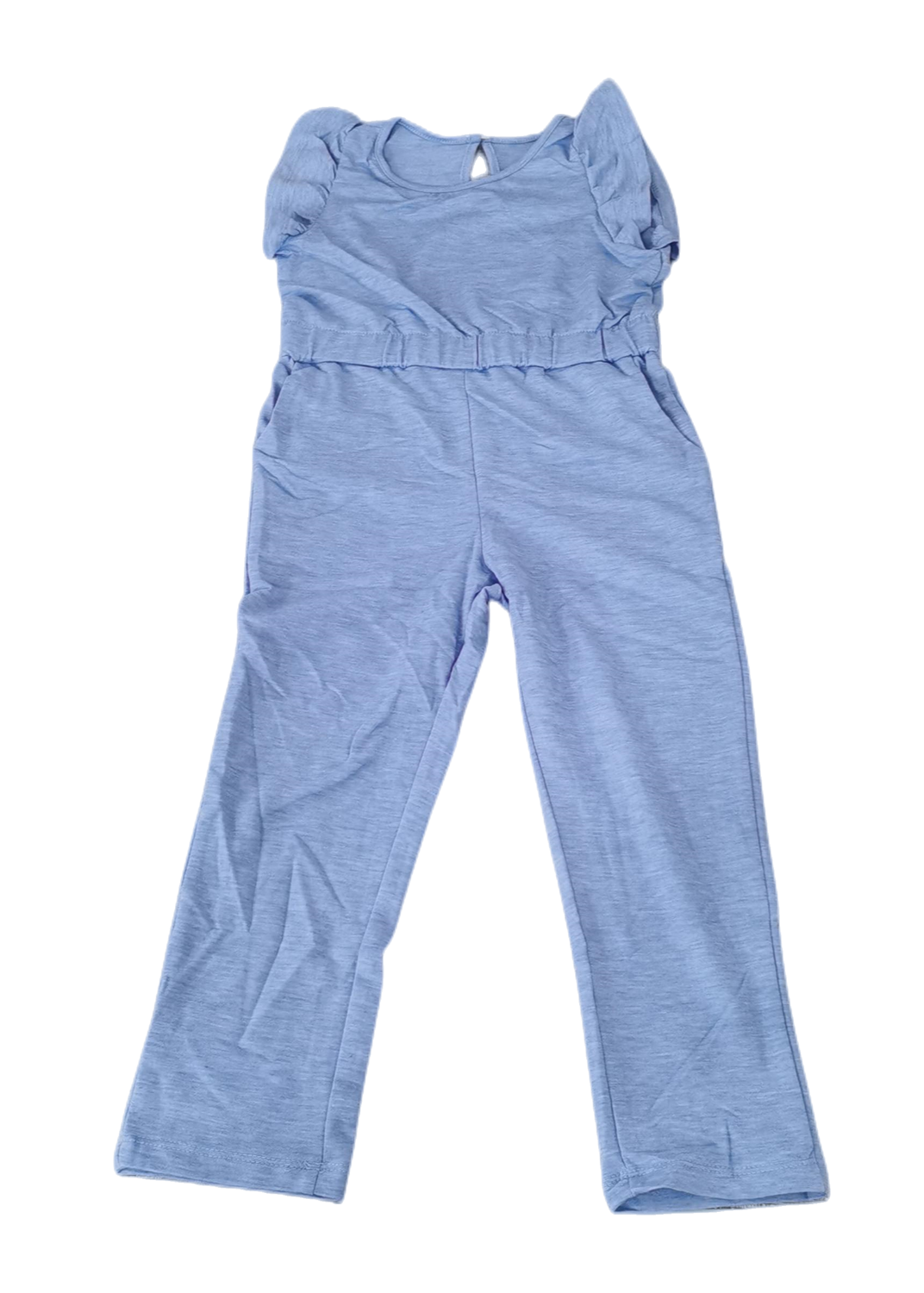 Sky Blue Little Girls Ruffled Shoulder Keyhole Back Jumpsuit With Pockets