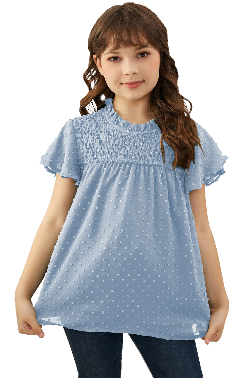 Sky Blue Little Girl Swiss Dot Ruffle Sleeves Top