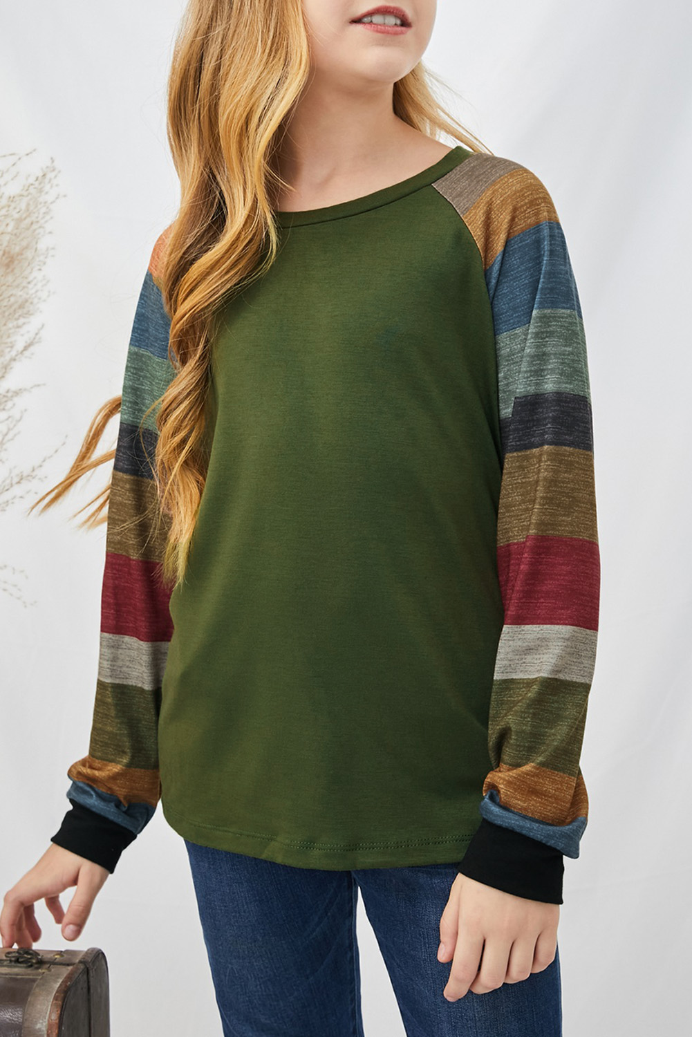 Green Striped Color Block Girl's Long Sleeve Top