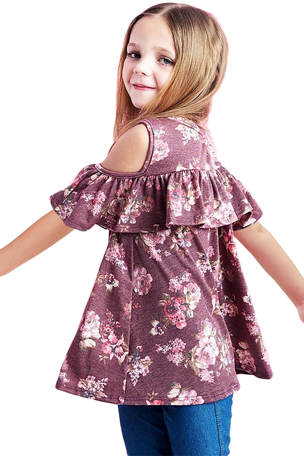 Ruffled Cold Shoulder Floral Girls' Top