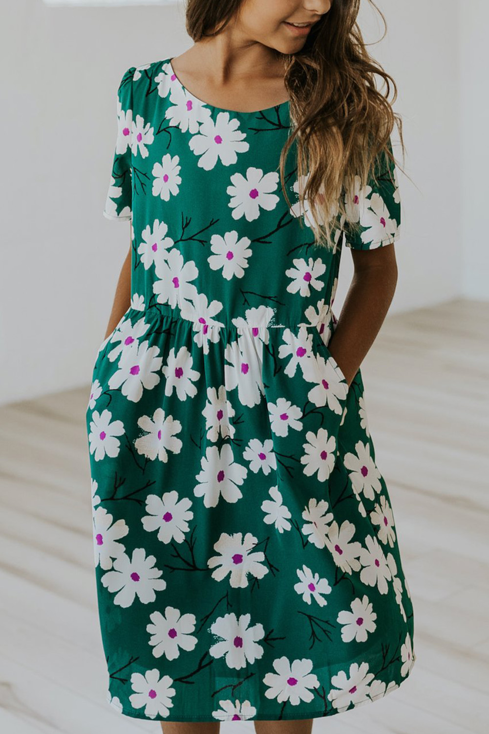 Green Crewneck Short Sleeve Pockets Floral Girl's Midi Dress