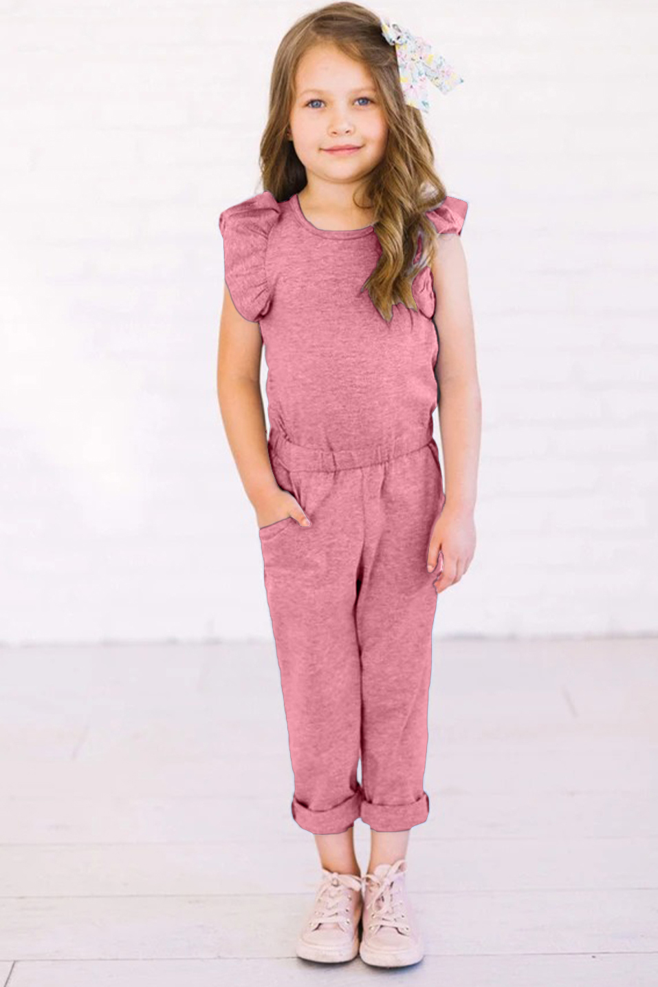 Pink Little Girls Ruffled Shoulder Keyhole Back Jumpsuit With Pockets