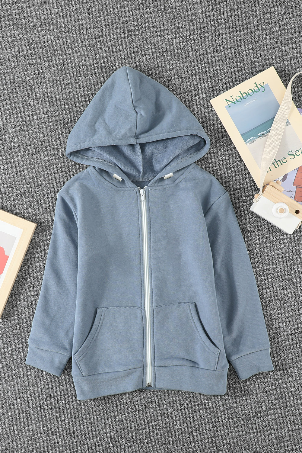 Sky Blue Zipper Hooded Girl’s Coat With Pocket