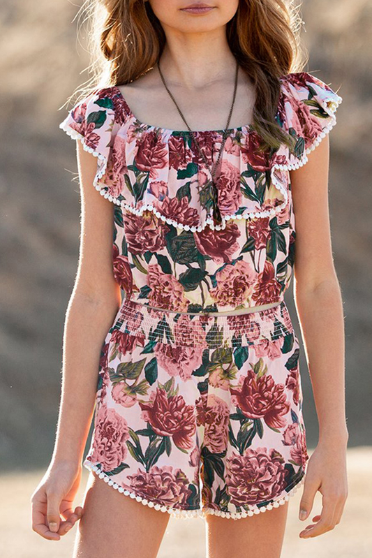 Red Little Girl Floral Ruffled Top And Shorts Set