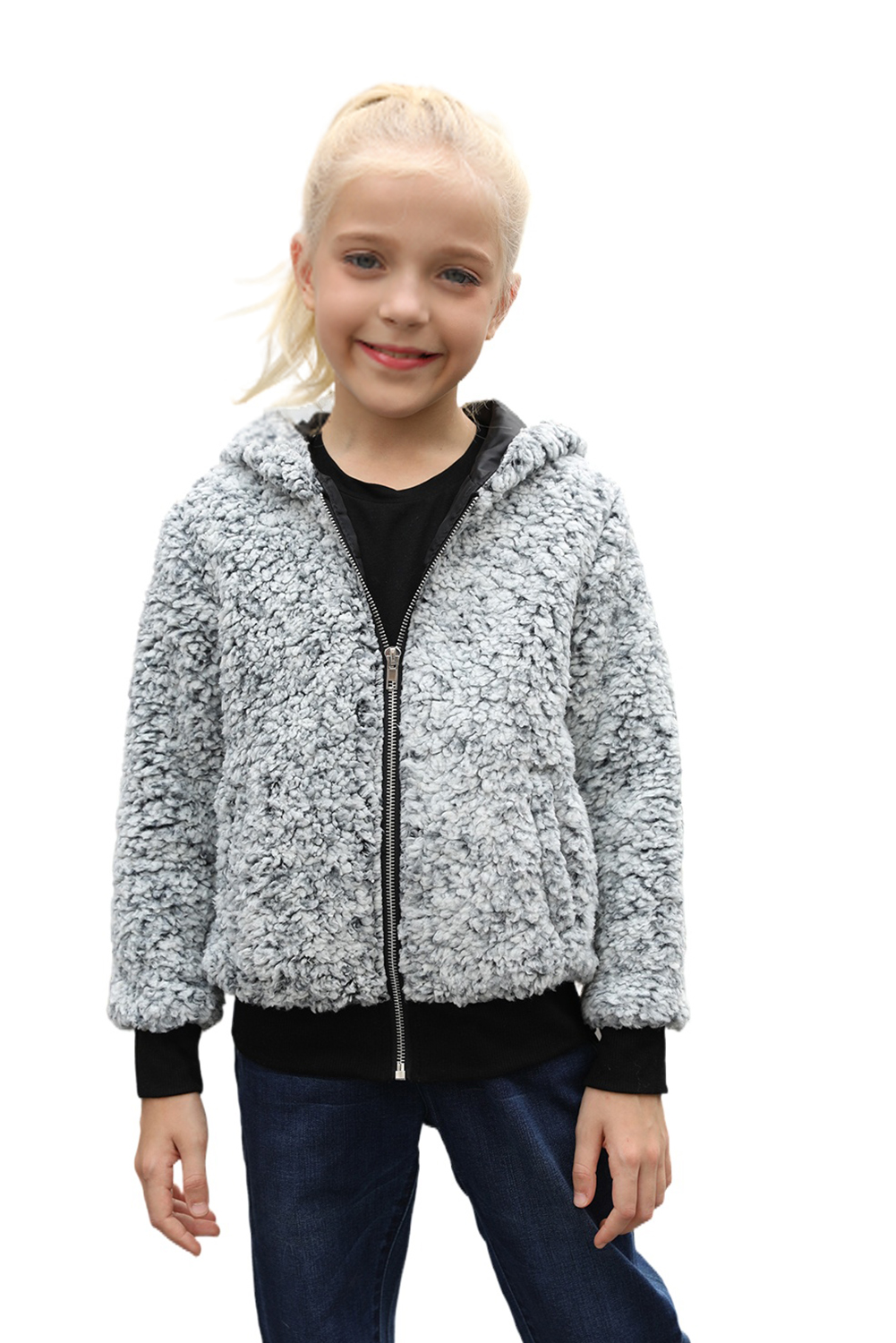 Gray Girls' Faux Fur Bomber Jacket