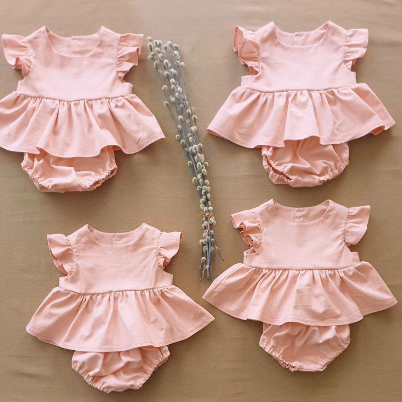 Girls Pink Linen Cotton Flare Sleeve Dress & Triangle Shorts Set