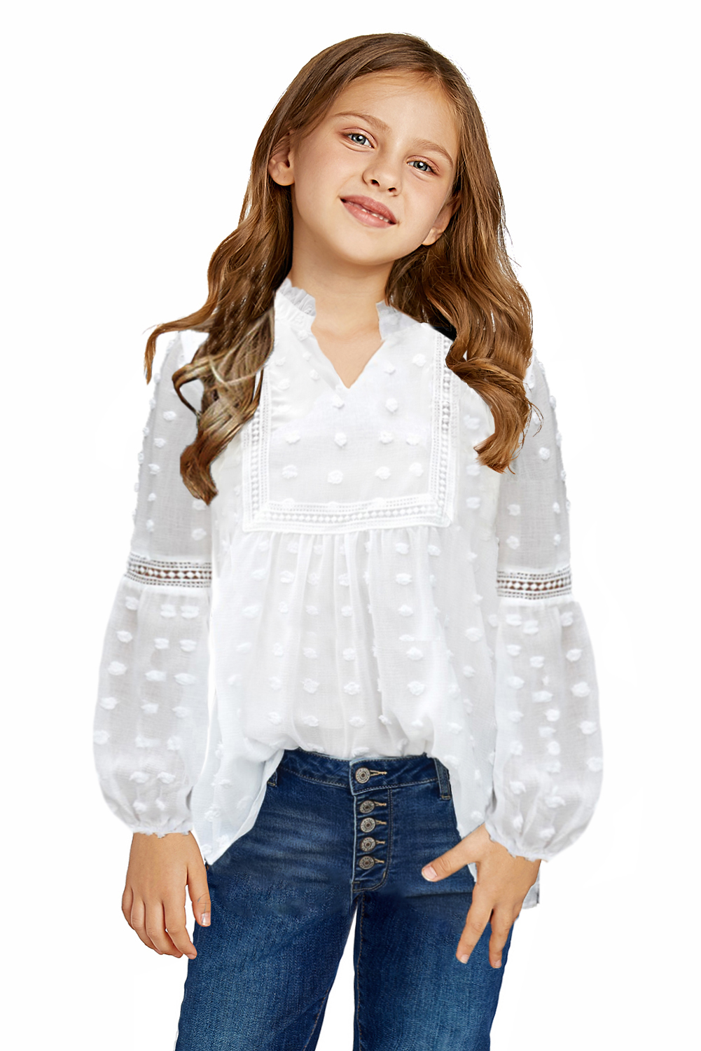 White Split Neck Swiss Dot Little Girls' Blouse