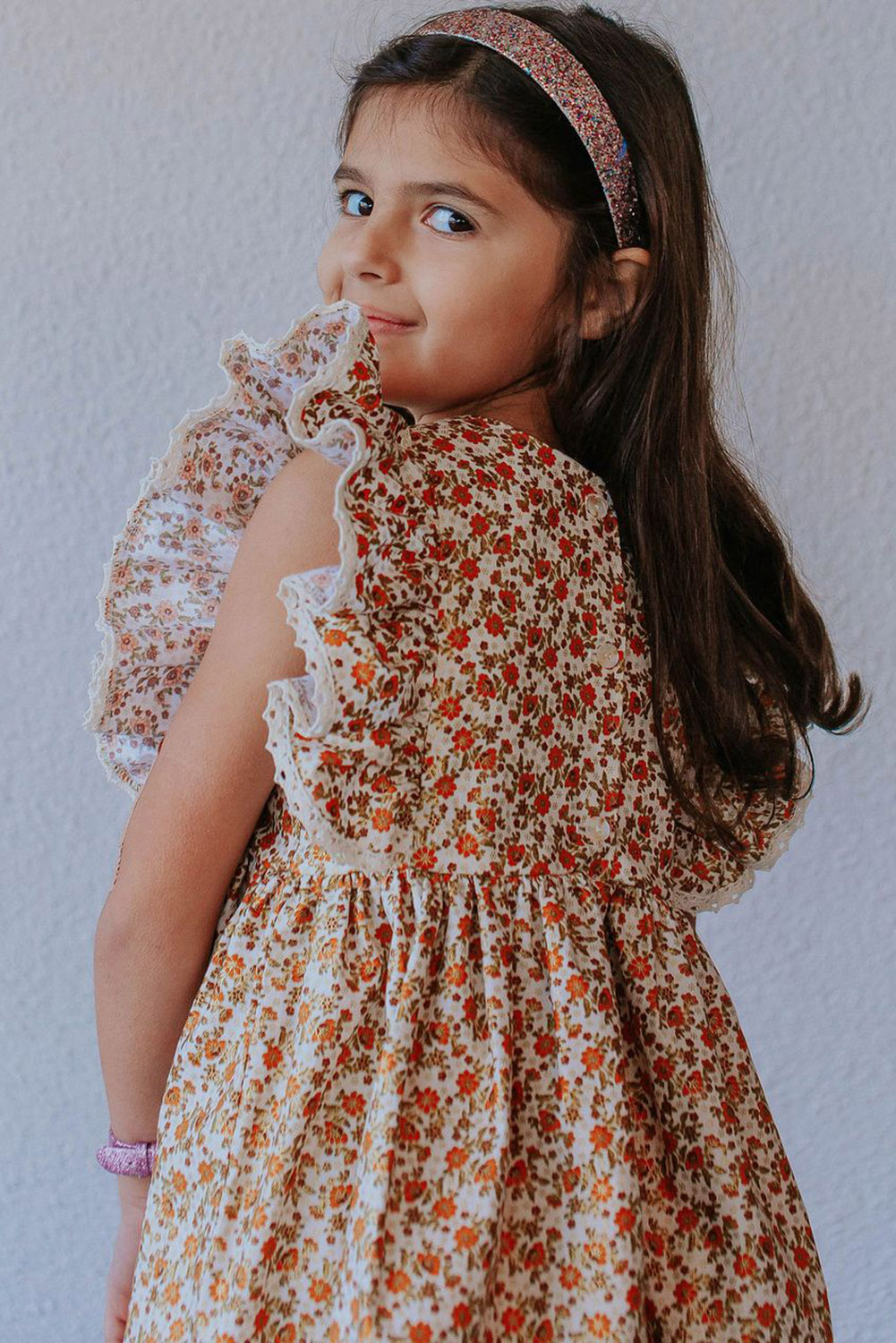 Orange Little Girls Floral Print Ruffled Sleeve Dress