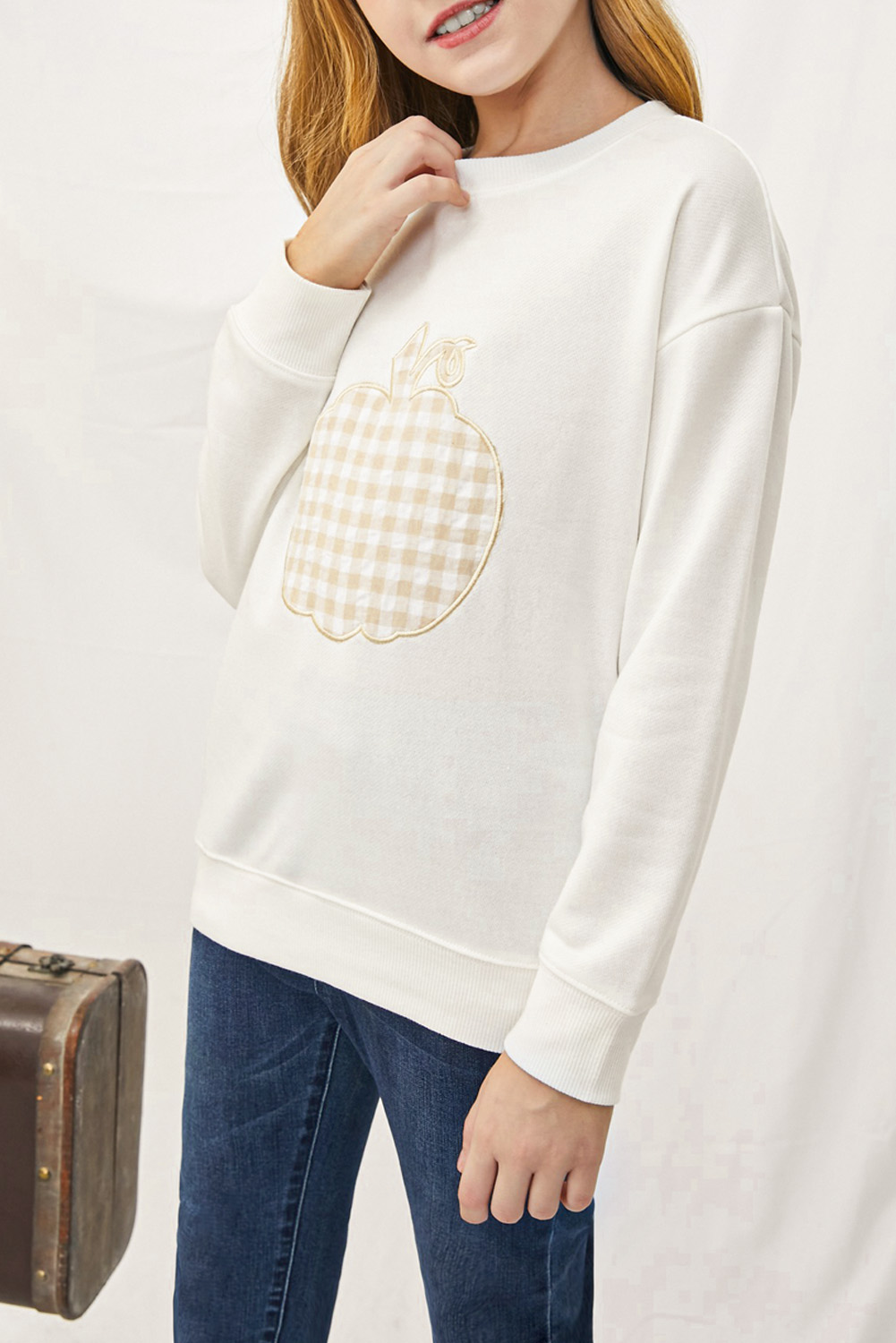 White Plaid Pumpkin Print Girls Pullover Sweatshirt